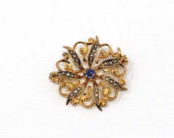 Sale - Antique Starburst Brooch - Edwardian 10k Yellow Gold Genuine .08 CT Sapphire Gem Pin - Circa 1910s Era Seed Pearls Celestial Jewelry