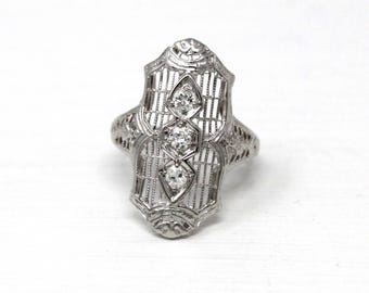Anillo de escudo vintage - Art Déco en oro blanco de 18 k con diamantes auténticos de talla brillante europea antigua - Años 30, talla 3, joyería de filigrana fina