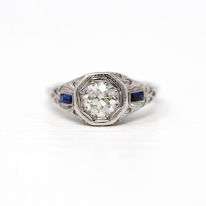 Sale - Art Deco Ring - Vintage 14k White Gold Old European Cut .69 Ct Diamond Created Sapphire - Circa 1930s Size 5 Fine Jewelry w/ Report