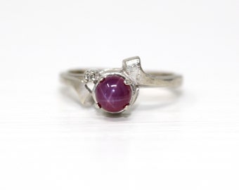 Created Star Ruby Ring - Vintage Mid Century Modern 10k White Gold .7 CT Pink Round Cabochon - Size 4.25 Circa 1950s Bypass Fine 50s Jewelry