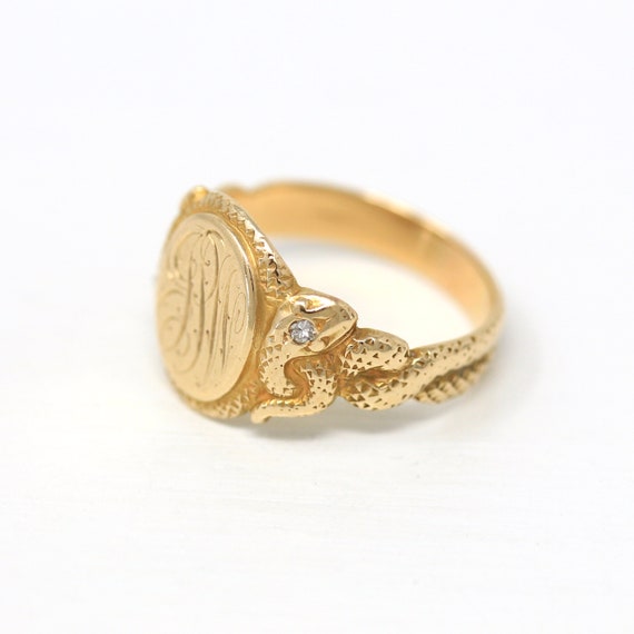 Snake Signet Ring - Edwardian Era 14k Yellow Gold… - image 5