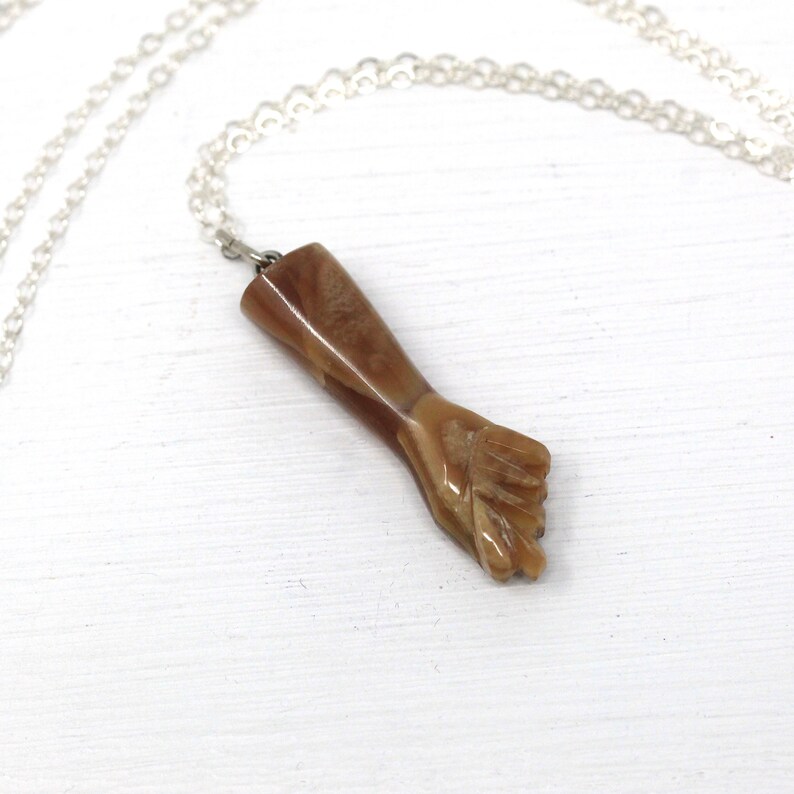 Sale Mano Figa Pendant Vintage 1970s Symbolic Figural Hand 70s Jewelry Retro Silver Tone Genuine Brown Agate Good Luck Charm Necklace