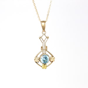 Blue Zircon Lavalier - Edwardian 10k Yellow Gold Genuine Blue 1.11 CT Gem Pendant - Antique Circa 1910s Era Floral Fine Ostby Barton Jewelry