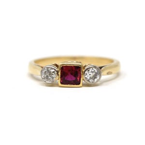 Antique Ruby & Diamond Ring - Art Deco Era 18k Gold Natural Gemstones Three Stone Band - Vintage Circa 1920s Size 4 3/4 Red Fine 20s Jewelry