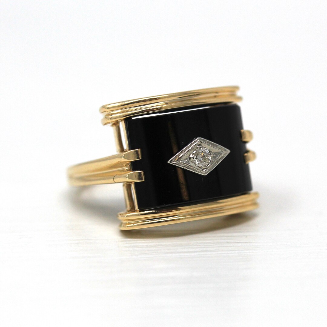 Genuine Onyx Ring Retro 14k Yellow Gold Black Gemstone & .02 Etsy