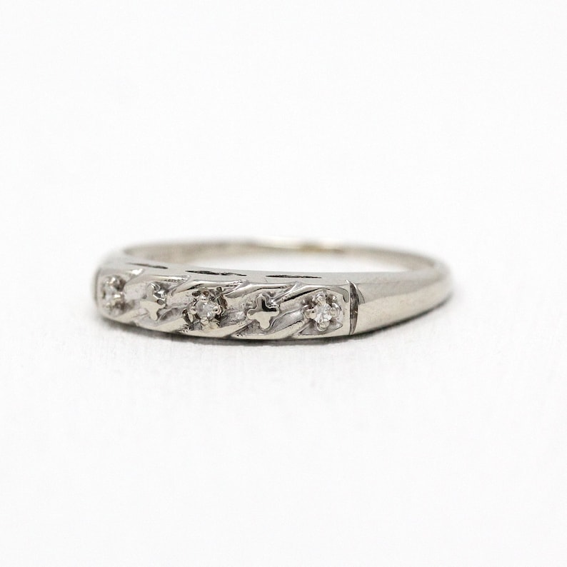 14k White Gold Retro Diamond Ring Vintage Wedding Band Sale Size 7 Mid-Century 1950s Fine Bridal Stacking Three Stone 50s Jewelry