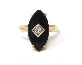 Vintage Onyx Ring - Retro 14k Gelbgold Navette Marquise schwarzer Chalcedon Edelstein - ca
