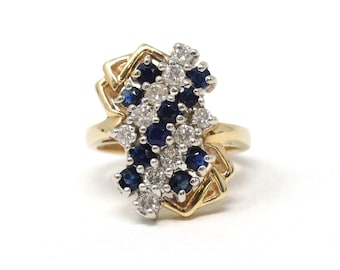 Sapphire & Diamond Ring - Estate 14k Yellow Gold Cluster Natural Gemstones - Modern Circa 1980s Era Size 6 3/4 Anniversary Fine 80s Jewelry