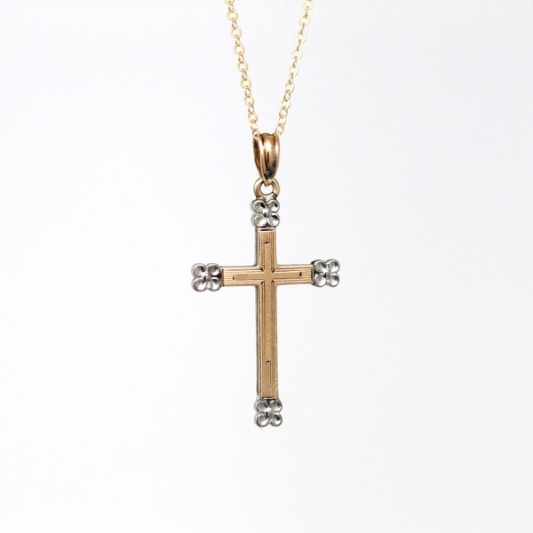 Vintage Cross Necklace - Retro 10k Yellow & White Gold Flower Motifs Crucifix Pendant - Circa 1940s Era Religious Faith Fine 40s Jewelry