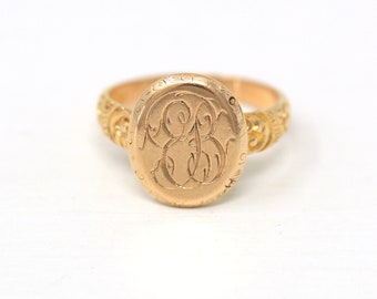 Antique Signet Ring - Edwardian Era 10k Yellow Gold Hand Engraved Letters EB Statement - Vintage Circa 1910s Size 5 Classic Fine Jewelry