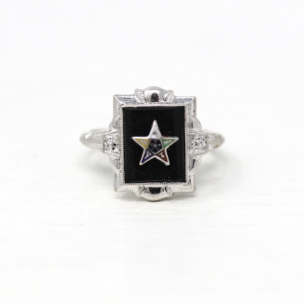 Sale - Vintage OES Ring - Art Deco 10k White Gold Genuine Black Onyx Gem Enamel Star - 1930s Size 5 3/4 Order Of The Eastern Star Jewelry