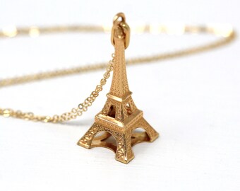 Eiffel Tower Charm - Estate 14k Yellow Gold Figural Paris Souvenir Pendant Necklace - Modern La Dame De Fer Wrought Iron Lattice Jewelry