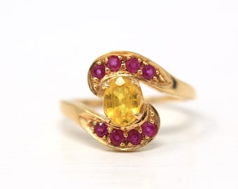 Yellow Sapphire & Ruby Ring - Estate 14k Yellow Gold Oval Faceted .88 CT Gemstone - Vintage Circa 1990s Era Size 6 3/4 Bypass Fine Jewelry