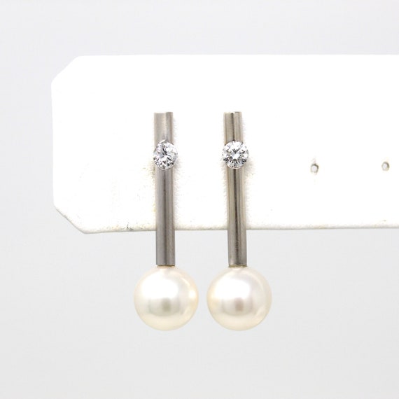 Cultured Pearl Earrings - Estate 18k White Gold D… - image 1