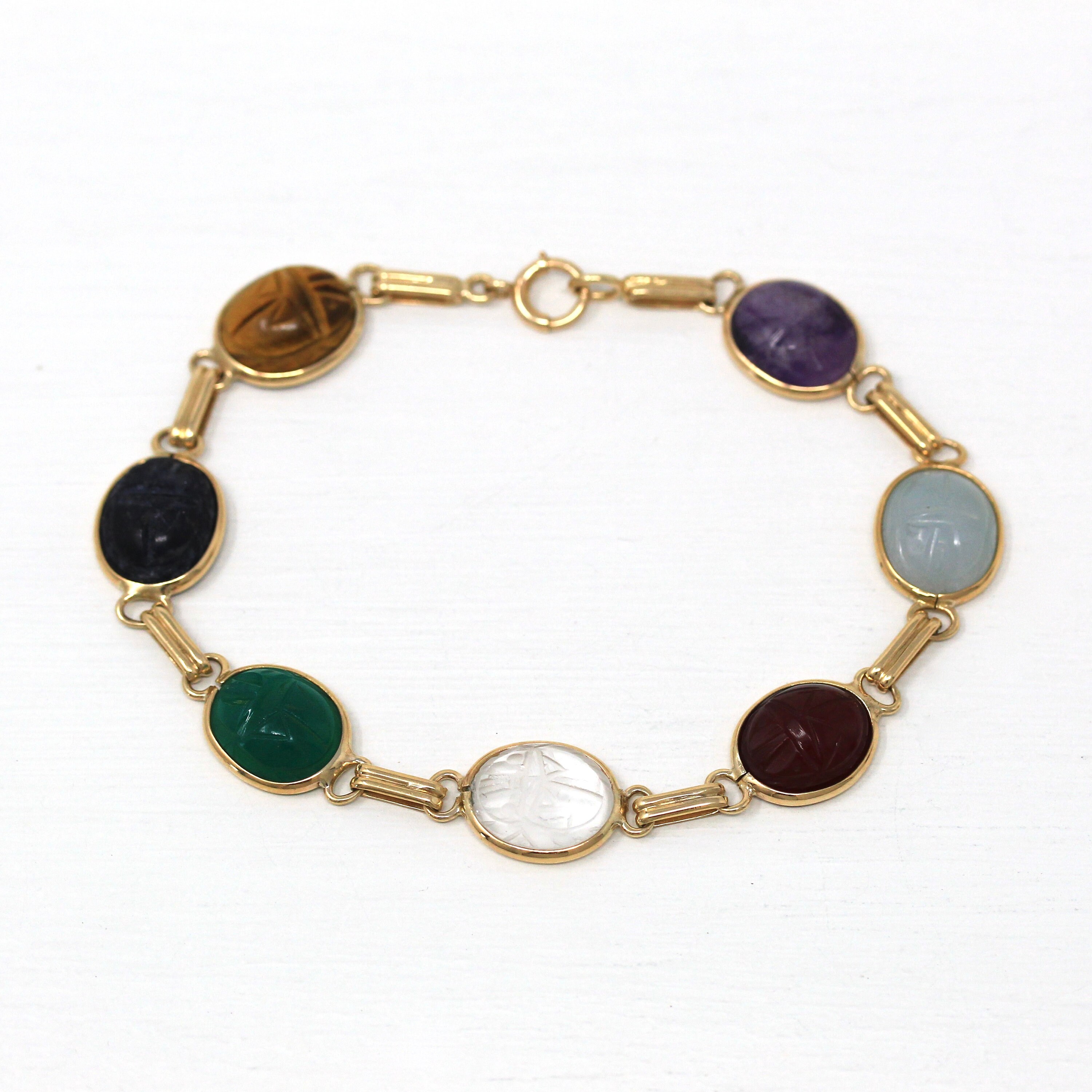 Vintage Scarab Bracelet Retro 14k Yellow Gold Carved Jade