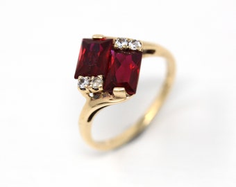 Created Ruby Ring - Retro 10k Yellow Gold Red Two Stone - Vintage Circa 1960s Era Size 5 1/2 Created Spinels Fine Toi Et Moi Jewelry