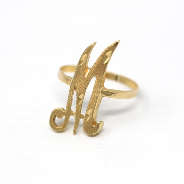 Sale - Letter "M" Ring - Estate 14k Yellow Gold Initial Monogram Diamond Cut Design - Modern Circa 1990s Era Size 9 1/2 Statement Jewelry