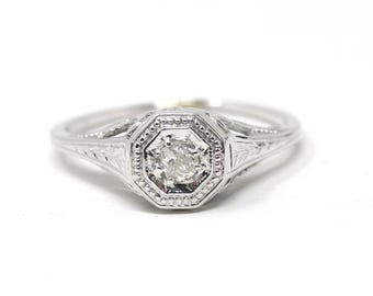 Anillo de diamantes vintage - Art Déco Oro blanco de 18k Diamante natural 0.10 CT Solitario Compromiso - Circa 1930s Talla 6 Joyería fina octogonal de filigrana