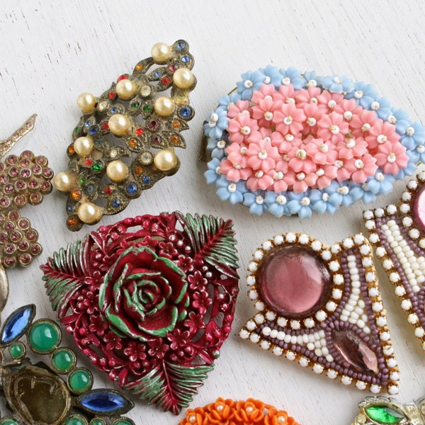 Antique & Vintage Jewelry Repair Lot - 8 Broken Pins, Brooches, Earrings, Buckle, Findings / Colorful Supply Destash