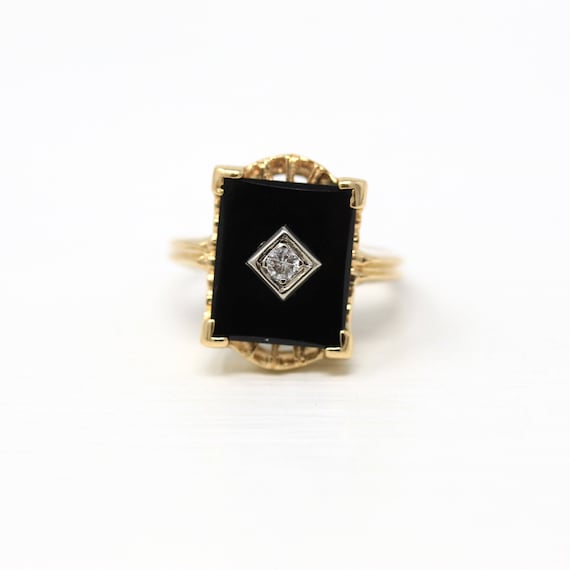 Genuine Onyx Ring - Retro 14k Yellow Gold Rectang… - image 1