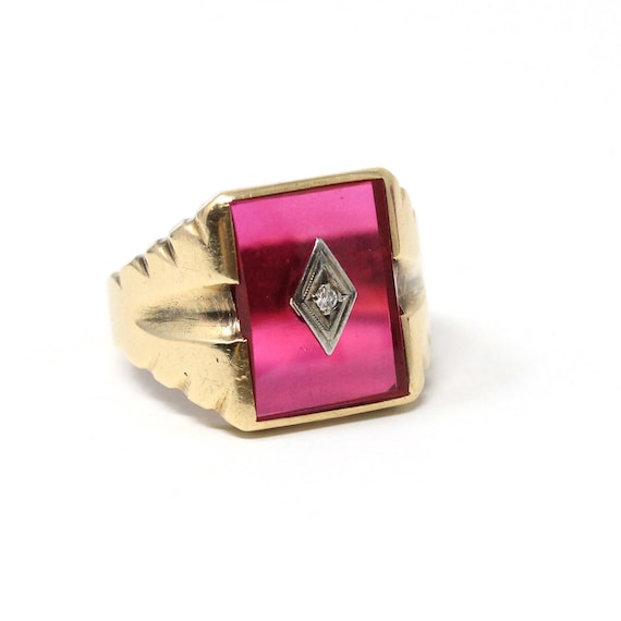 Created Ruby Ring - Mid Century 10k Yellow Gold N… - image 1