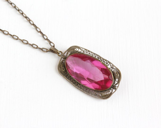 Sale Vintage Art Deco Pink Glass Stone Brass Etsy