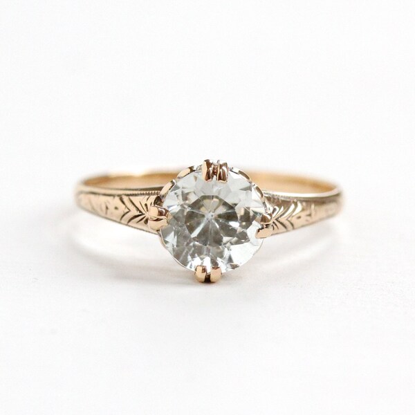 Antike 14k Gelb Gold Aquamarin Solitaire Ring - Art Déco 20er Jahre 1930er Jahre Größe 6 blauen facettiert Edelstein filigrane Fine Jewelry Engagement