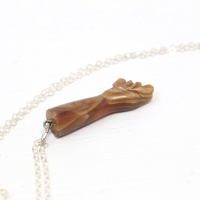 Sale Mano Figa Pendant Vintage 1970s Symbolic Figural Hand 70s Jewelry Retro Silver Tone Genuine Brown Agate Good Luck Charm Necklace