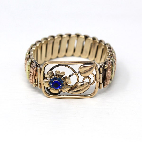 Vintage Expansion Bracelet - Retro 12k Yellow & Rose Gold Filled Stretch Sweetheart - Circa 1940s Era Blue Rhinestone Flower Lustern Jewelry