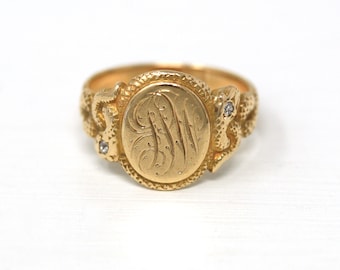 Snake Signet Ring - Edwardian Era 14k Yellow Gold Engraved Initials JPW Letters - Antique Dated 1904 Size 7 Fine Diamond Rare Jewelry