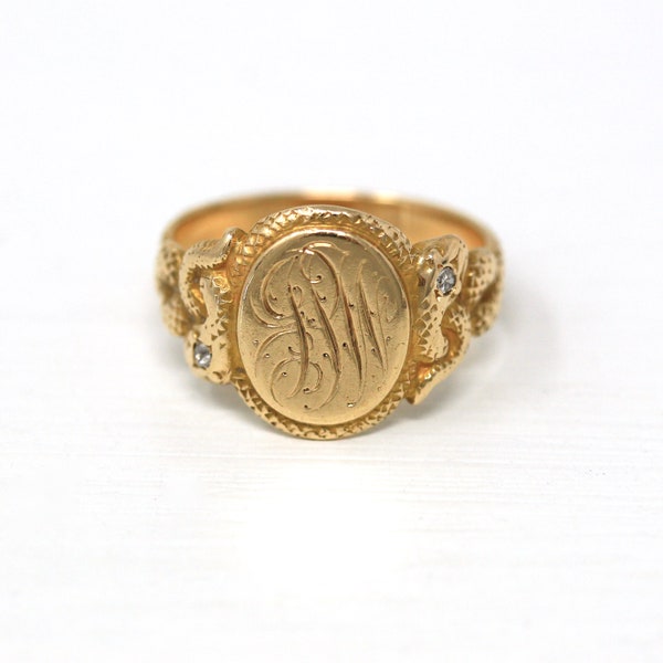 Snake Signet Ring - Edwardian Era 14k Yellow Gold Engraved Initials JPW Letters - Antique Dated 1904 Size 7 Fine Diamond Rare Jewelry
