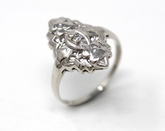 Antique Shield Ring - Art Deco Era 14k White Gold Genuine .01 CT Diamond Gem - Vintage Circa 1930s Size 5 Floral Filigree Style Fine Jewelry