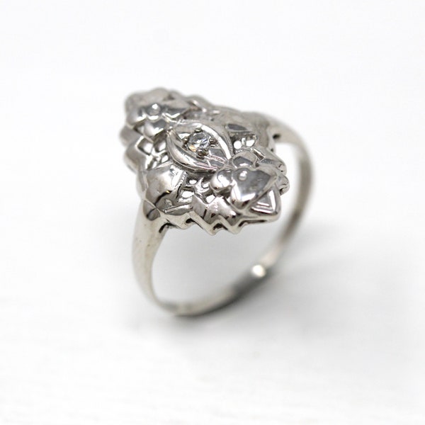 Antique Shield Ring - Art Deco Era 14k White Gold Genuine .01 CT Diamond Gem - Vintage Circa 1930s Size 5 Floral Filigree Style Fine Jewelry