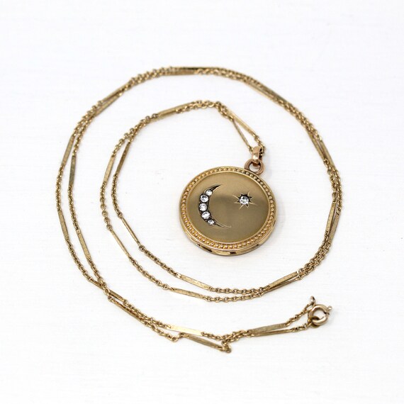 Star & Moon Locket - Antique Gold Filled Rhinesto… - image 7