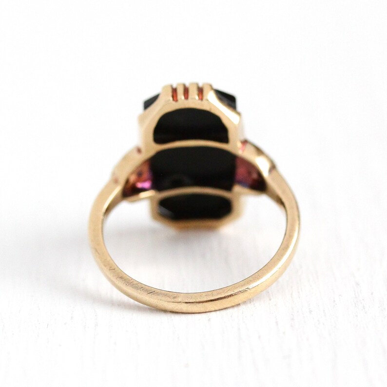 1940s Size 4 34 Rectangular Flower Fine Jewelry Sale Vintage Onyx Ring 10k Rosy Yellow Gold Diamond Black Gemstone Statement
