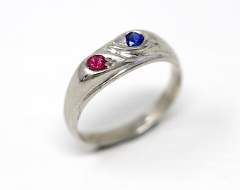 Vintage Toi Et Moi Ring -  Mid Century Era 10k White Gold Created Ruby & Sapphire Stones - Circa 1950s Size 4.75 Pinky Petite Fine Jewelry