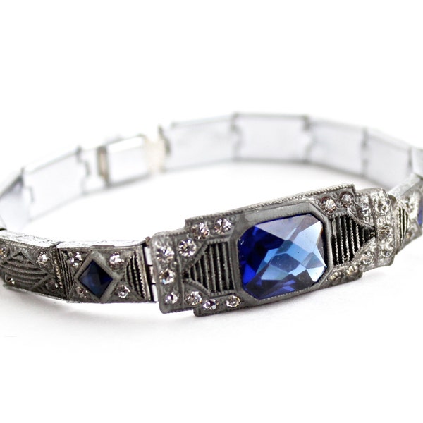 Antique Art Deco Blue Stone & Rhinestone Bracelet - 1930s Silver Tone Panel Jewelry Signed Nov-e-Line / Sapphire Blue