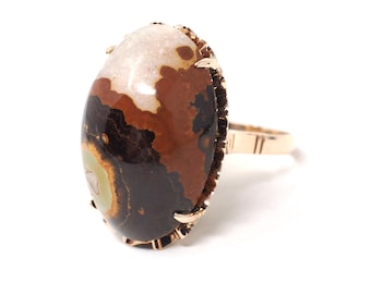 Vintage Jaspis Ring - Mid Century 10k Gelbgold Groß Oval Cabochon Edelstein - circa 1960er Jahre Ära Größe 7 Cocktail feinen Statement Schmuck