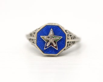 Vintage OES Ring - Art Deco 10k White Gold Guilloche Enamel - Circa 1930s Era Size 3 3/4 Order Of The Eastern Star Filigree Fine 30s Jewelry