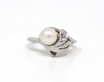 Sale - Vintage Cultured Pearl Ring - Circa 10k White Gold Genuine Diamond .02 Carats - Retro Era 1950s Size 3 June Birthstone Fine Jewelry