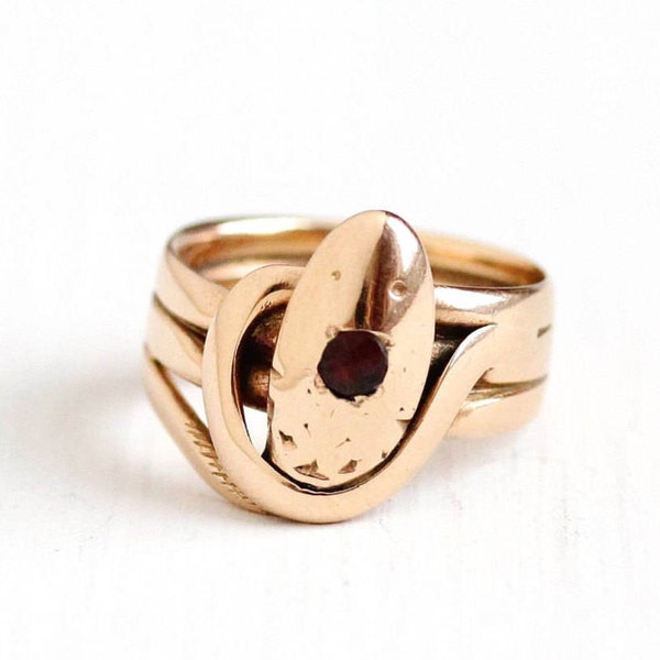 Sale - Antique Victorian 14k Rose Gold Snake Garnet Ring - Size 5 Vintage Coiled Red Gemstone Figural Engagement Serpent Fine Jewelry