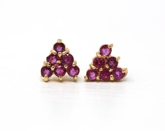 Genuine Ruby Earrings - Vintage 14k Yellow Gold Pink Gemstones Cluster Push Back Studs - Estate Circa 1990s Era Pierced Fine 90s Jewelry