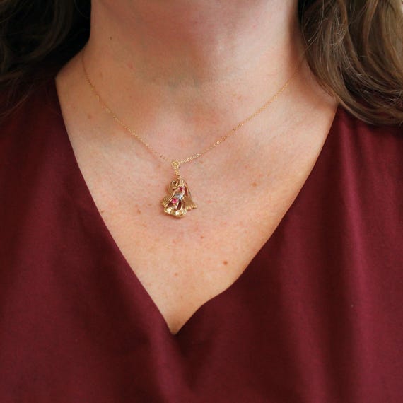 Retro Created Ruby Lavalier - 10k Yellow Gold Thr… - image 2