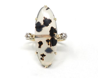 Dendritic Agate Ring - Edwardian 18k Yellow Gold & Platinum Cabochon Cut Gem- Antique Circa 1900s Era Size 6 1/2 Diamond Accent Fine Jewelry