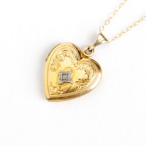 Vintage 12k Gold Filled Heart Diamond Locket Necklace Mid Century 1940s WWII Era Sweetheart Love Genuine Diamond Engraved Etched Jewelry image 1
