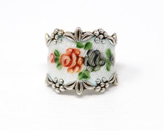 Vintage Flower Band - Retro Sterling Silver Guilloché White Enamel Wide Cigar Ring - Circa 1960s Size 5 Red Green Vargas Floral 60s Jewelry