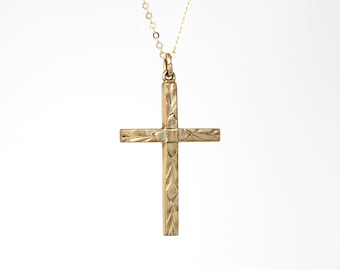 Vintage Cross Necklace - Retro Era Gold Filled Religious Statement Pendant Charm- Circa 1940s Fine Faith Statement Engraved Design Jewelry