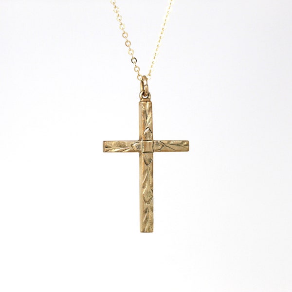 Vintage Cross Necklace - Retro Era Gold Filled Religious Statement Pendant Charm- Circa 1940s Fine Faith Statement Engraved Design Jewelry