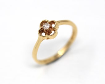 Diamond Flower Ring - Retro 14k Yellow Gold Round Faceted .05 CT Gem - Vintage Circa 1970s Era Size 5 1/4 April Birthstone Fine 70s Jewelry