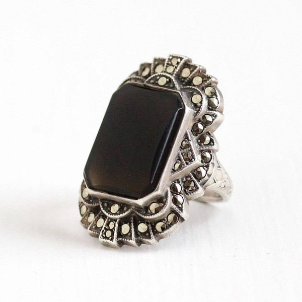 Sale - Vintage Art Deco Sterling Silver Marcasite & Black Onyx Chalcedony Ring - 1930s Size 5 1/4 Statement Dark Gem U Arrow Uncas Jewelry